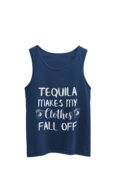 Navy Tank top featuring the text 'Tequila makes my clothes fall off,' accompanied by an image of a shot glass with a yin yang symbol on each side of the words. Designed by WooHoo Apparel.